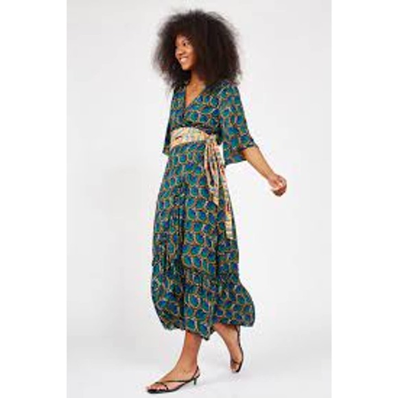 Silk & Salt Journey Maxi Wrap Dress African Peacock Print Green Blue NEW Medium - Picture 2 of 12